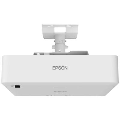 Ein weißer Epson-Projektor ist an der Decke montiert und zeigt die Unterseite mit dem Logo.