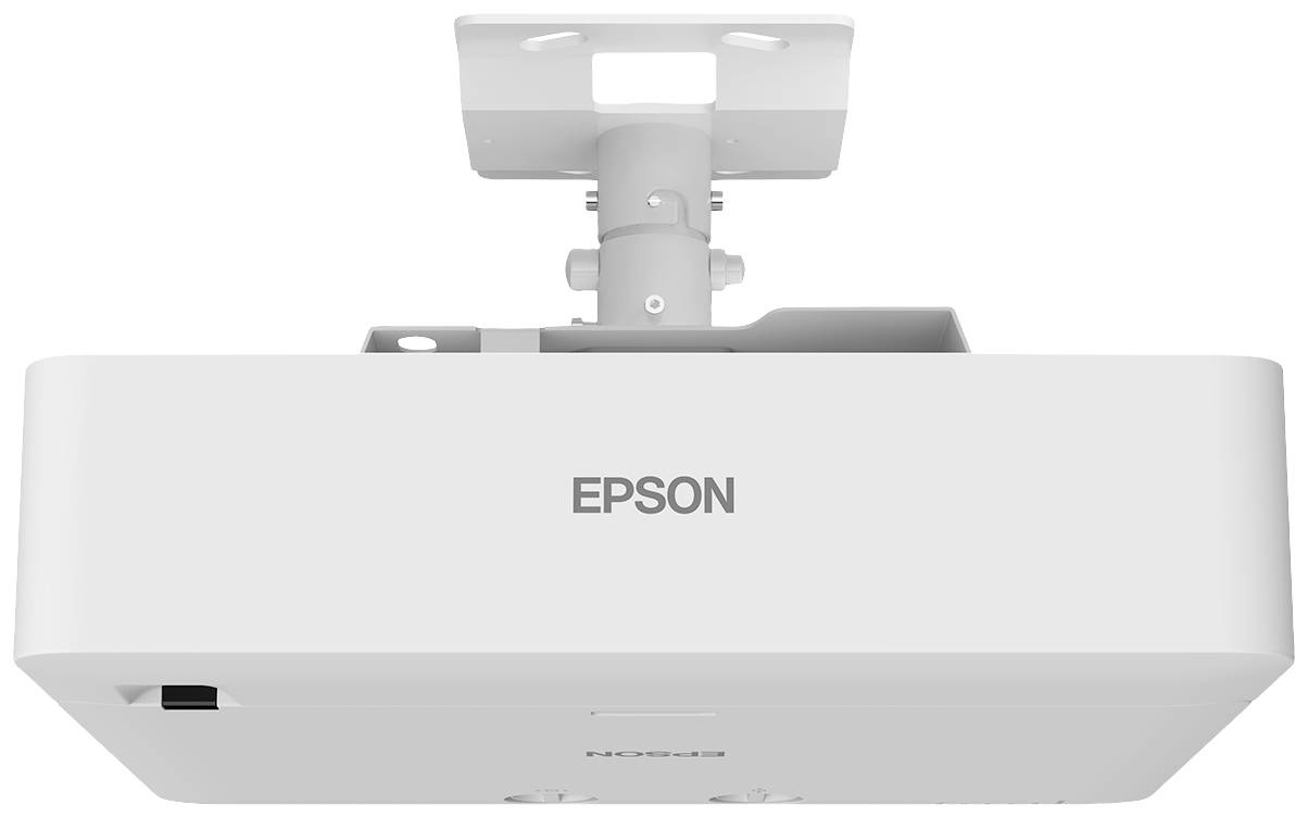 Ein weißer Beamer der Marke Epson ist an einer Deckenhalterung befestigt.