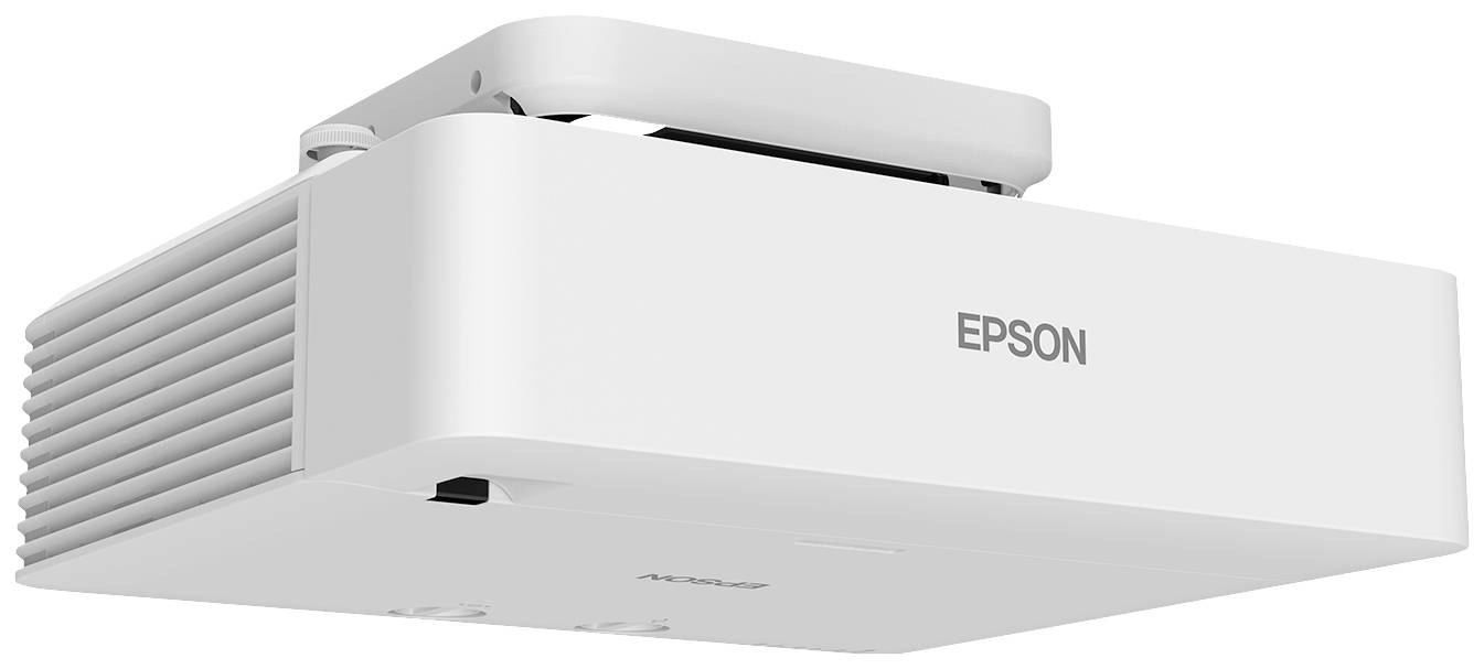 Ein weißer Epson-Projektor ist an der Decke montiert. Er hat Belüftungsschlitze auf der Seite und ist für Präsentationen geeignet.
