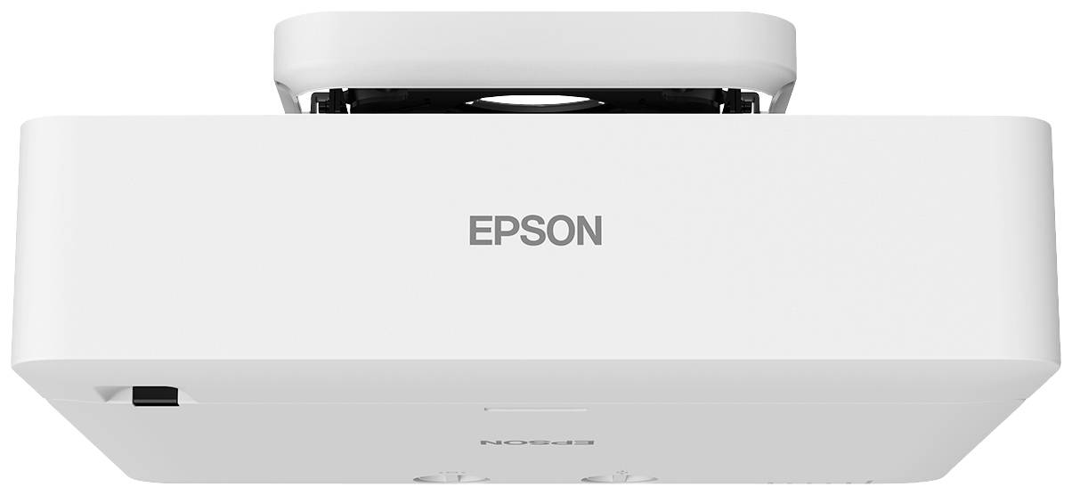 Ein weißer Epson-Projektor von unten gesehen, mit sichtbarer Marke, geeignet für Büro- oder Heimkinoanwendungen.