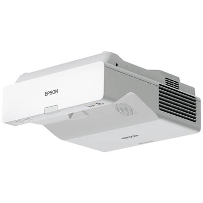 Ein weißer Epson-Projektor mit schwarzem Lüftungsgitter an der Seite. Er ist für Deckenmontage konzipiert und zeigt technische Anschlüsse unten.