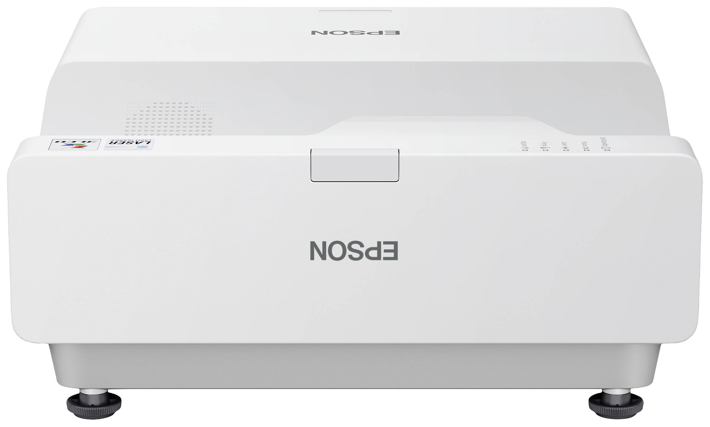 Ein weißer Projektor von Epson, frontal abgebildet. Modellname teilweise sichtbar. Projektor auf vier höhenverstellbaren Füßen.