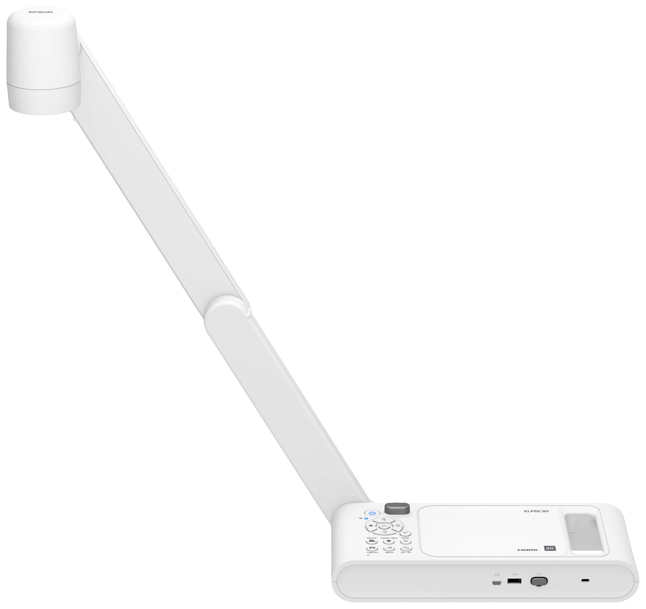 Ein weißer Dokumentenkamera mit flexiblem Arm und Bedienelementen, geeignet zur Präsentation von Dokumenten und Objekten in Echtzeit.