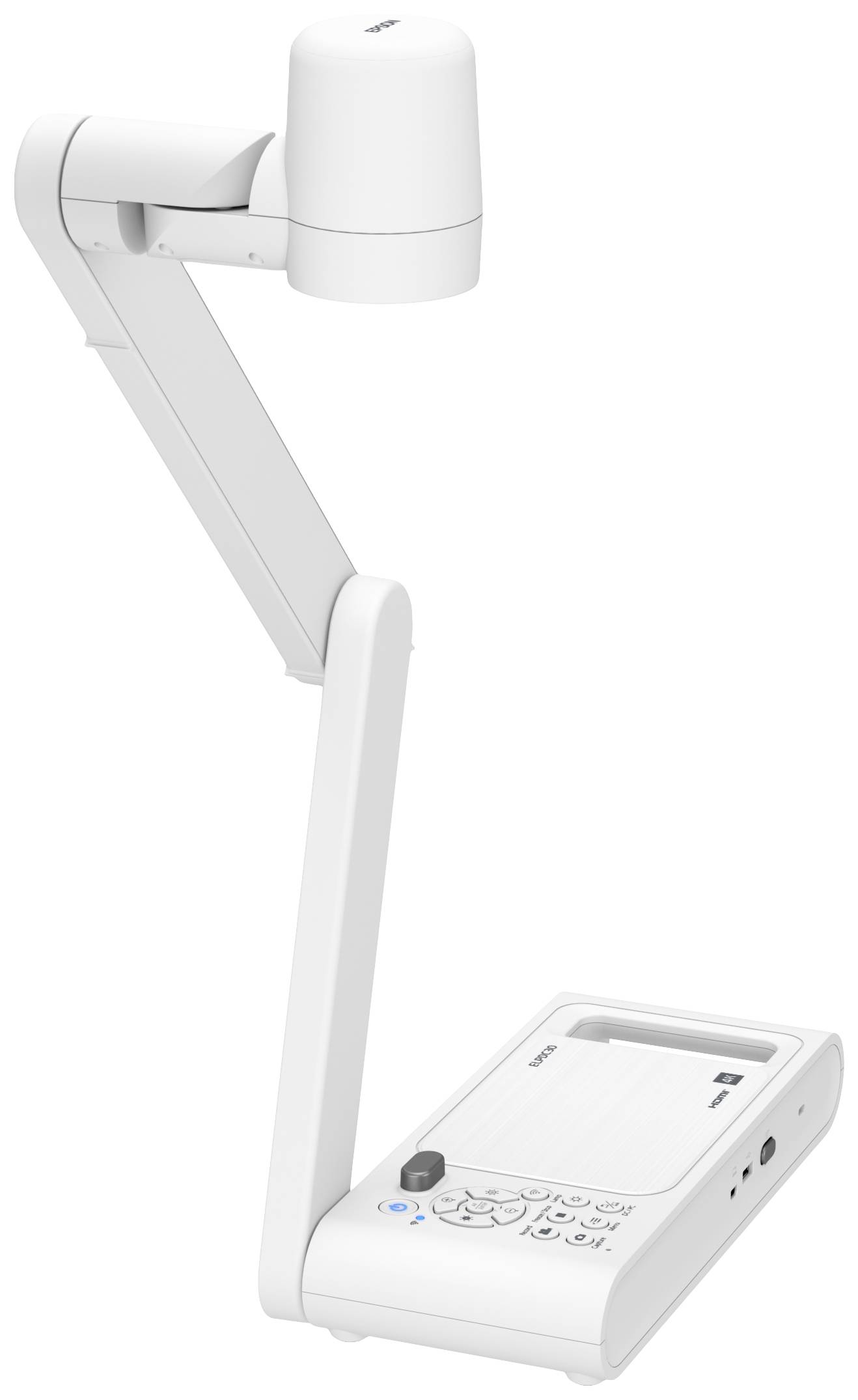 Ein weißes Dokumentenkamera-Gerät mit einem flexiblen Arm, das für Präsentationen oder das Scannen von Dokumenten genutzt wird.