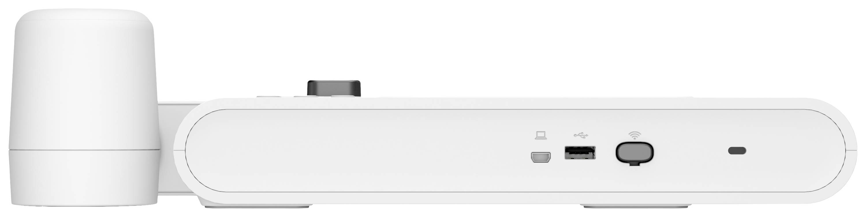 Weiße, rechteckige elektronische Vorrichtung mit verschiedenen Anschlüssen an der Seite, vermutlich eine Netzwerkeinheit oder ein Router.