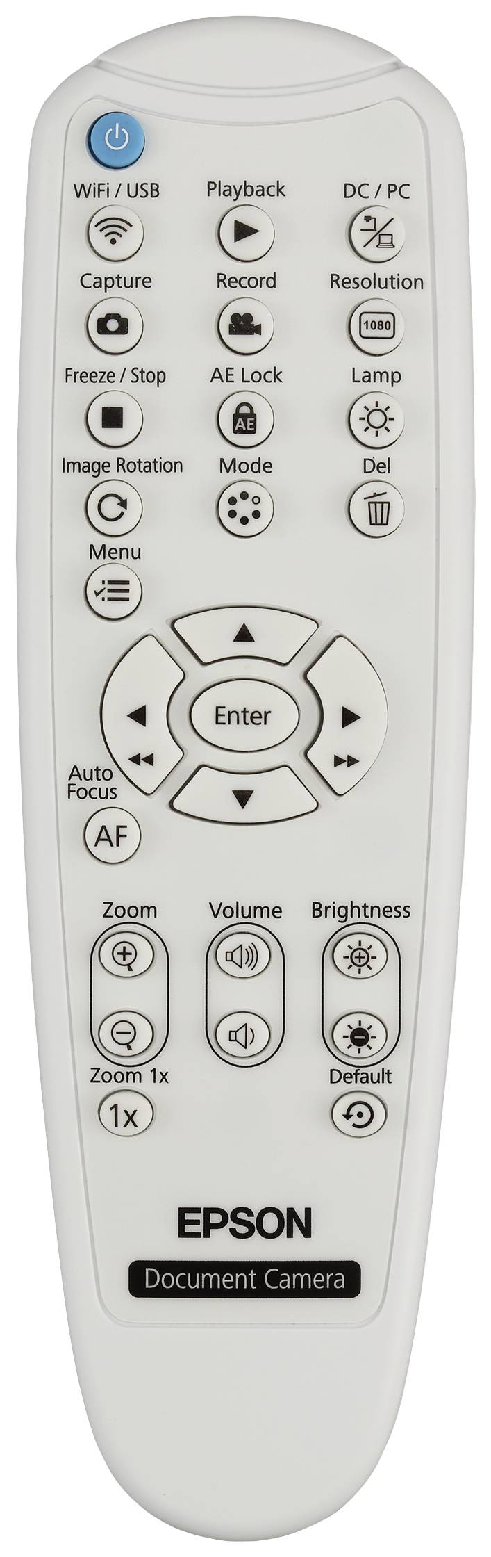 Fernbedienung für eine Dokumentenkamera von Epson mit Tasten für Wiedergabe, Aufnahme, Zoom, Fokus, Helligkeit und Menüsteuerung.