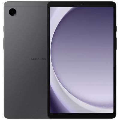 Ein schwarzes Tablet von Samsung mit einem großen Display. Es hat eine Kamera auf der Rückseite. Das Display zeigt einen abstrakten Hintergrund.