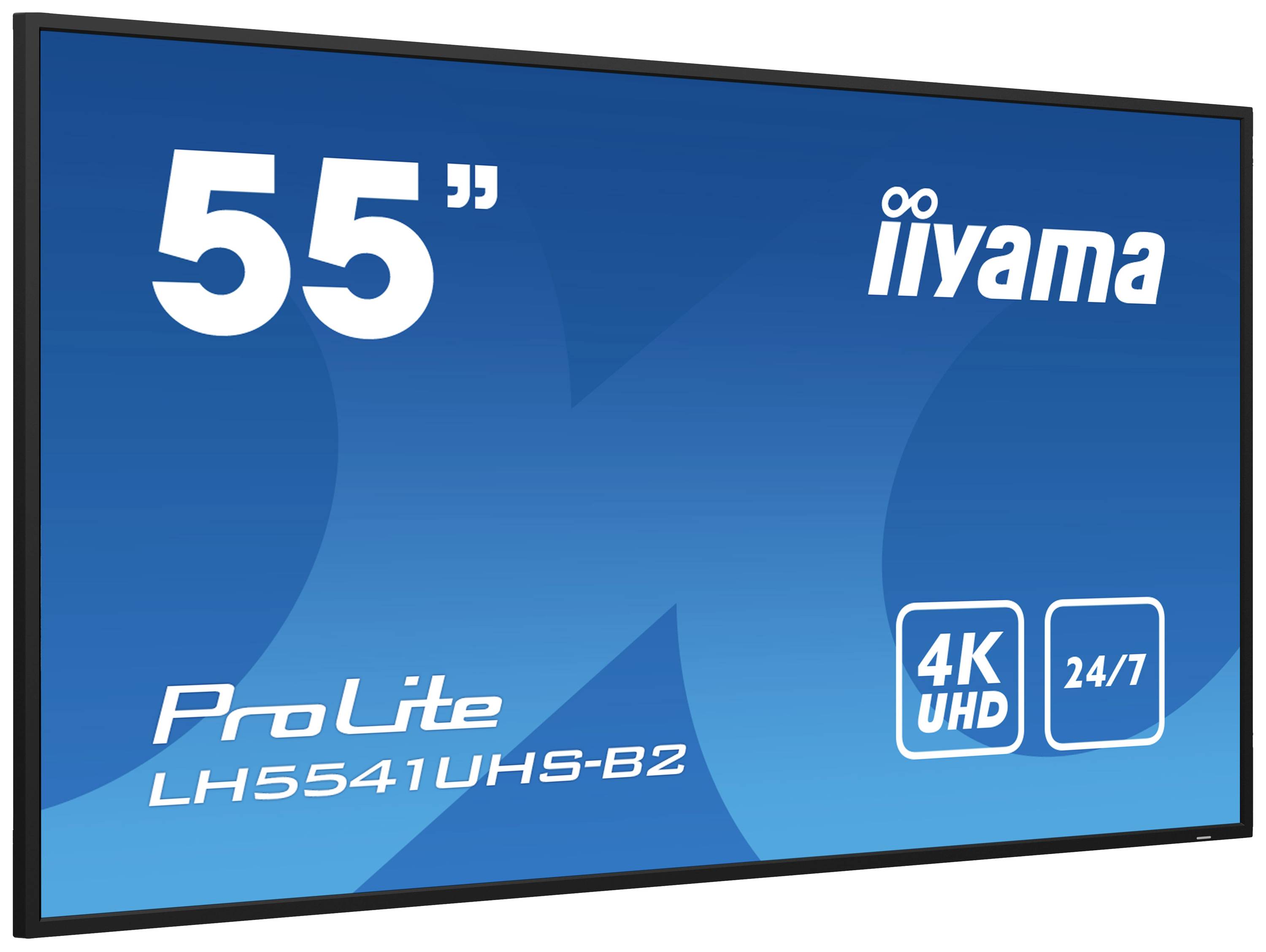 Ein 55-Zoll iiyama ProLite Bildschirm, Modell LH5541UHS-B2, zeigt 4K-UHD-Auflösung an und ist für den 24/7-Betrieb geeignet.