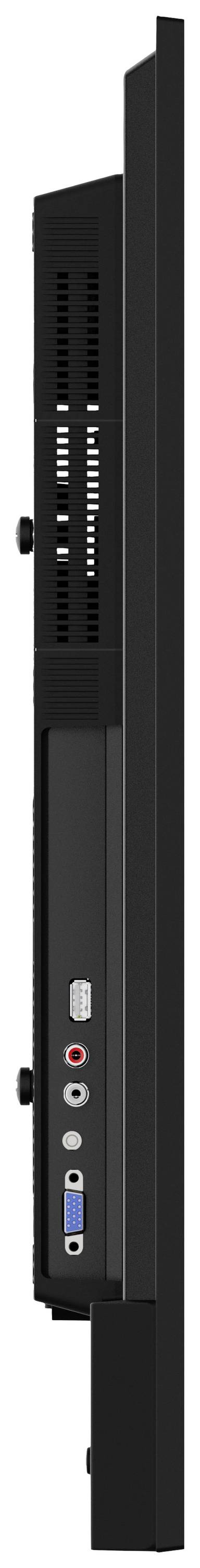 Seitenansicht eines modernen, schlanken Monitors mit HDMI-, VGA- und Audioanschlüssen. Minimalistisches Design in Schwarz.