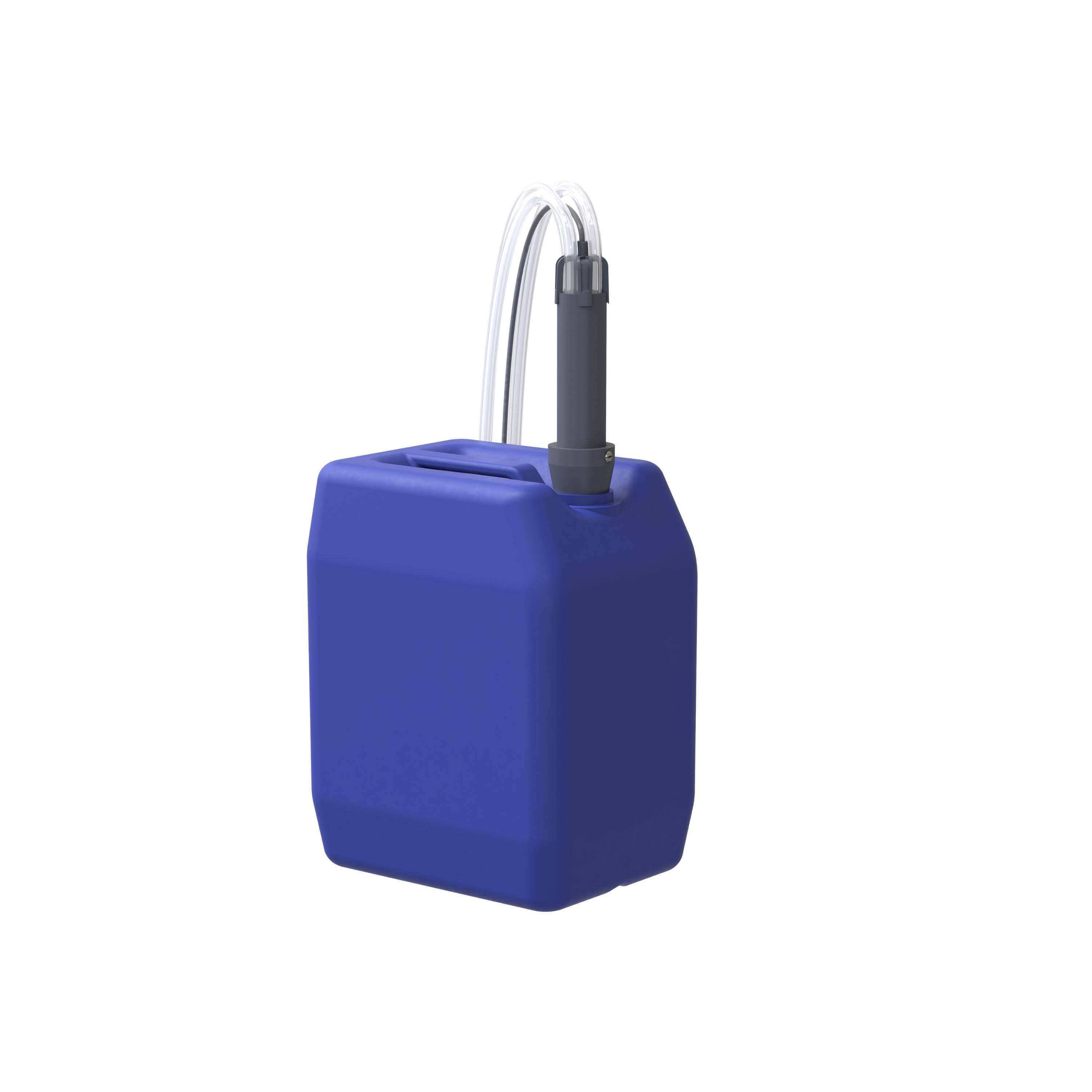 Ein blauer Benzinkanister mit schwarzem Verschluss und transparentem Schlauch.