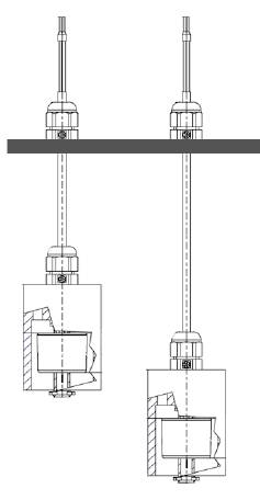Technische Zeichnung von zwei Ventilen in unterschiedlichen Positionen, die jeweils schräg geneigte Rohre durchfließen.