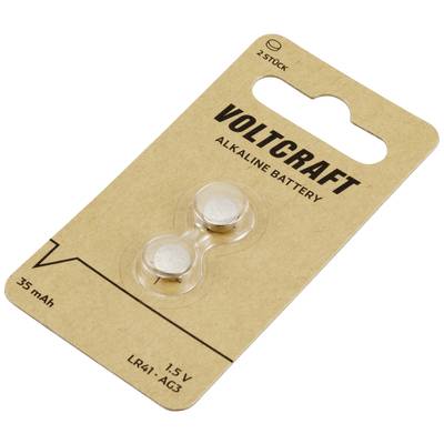 Zwei Knopfzellen auf einer Pappkarte mit der Aufschrift 'Voltcraft Alkaline Battery', 1,5 V, 35 mAh, LR41, AG3, 2 Stück.