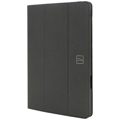 Schwarzes Tablet-Case mit geschlossenem Deckel, vertikale Nähte und einem dezenten Logo in der Mitte rechts.