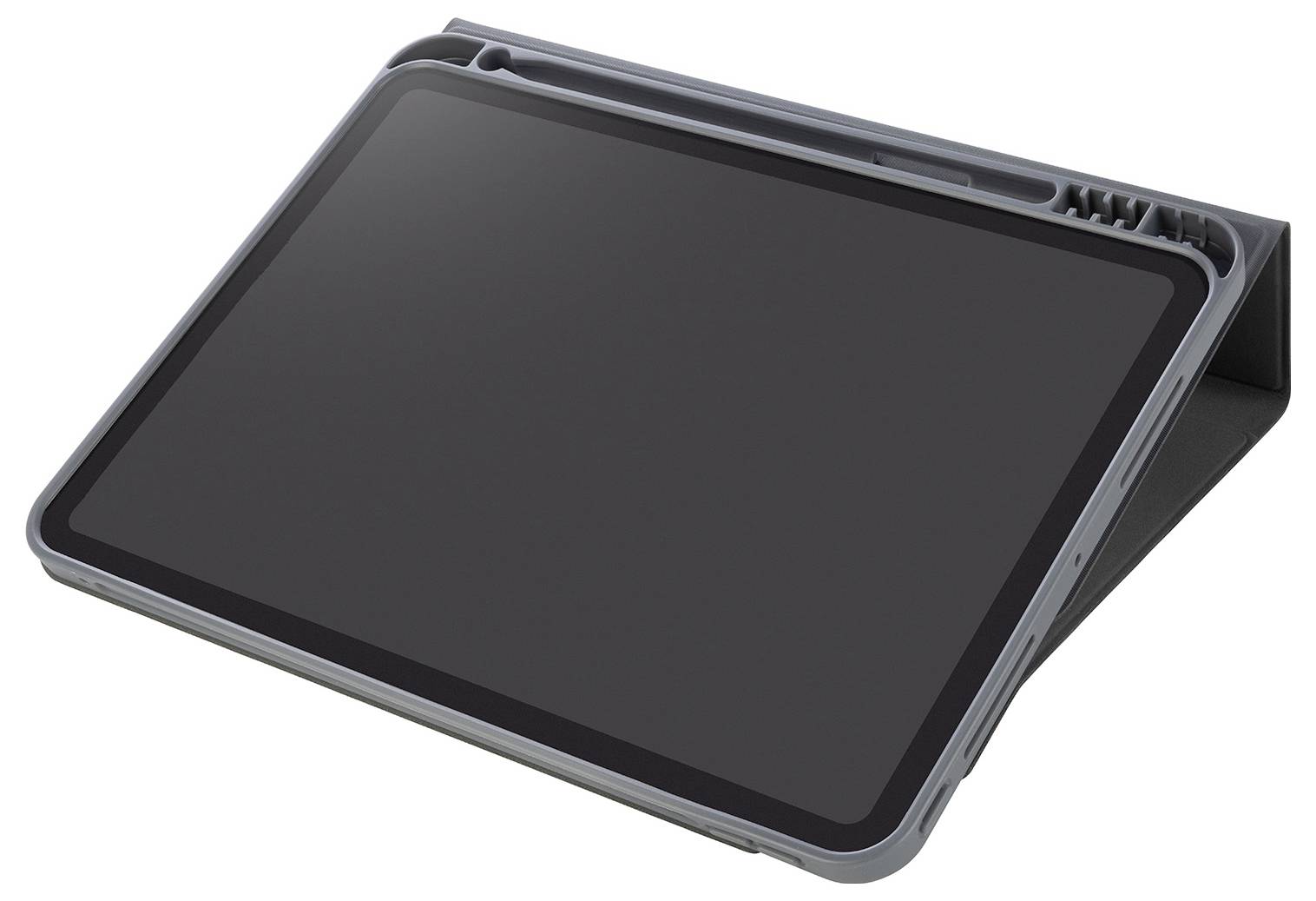 Tablet in einem schützenden Klappetui, im geöffneten Zustand in einem Winkel gezeigt mit ausgeschaltetem Bildschirm.