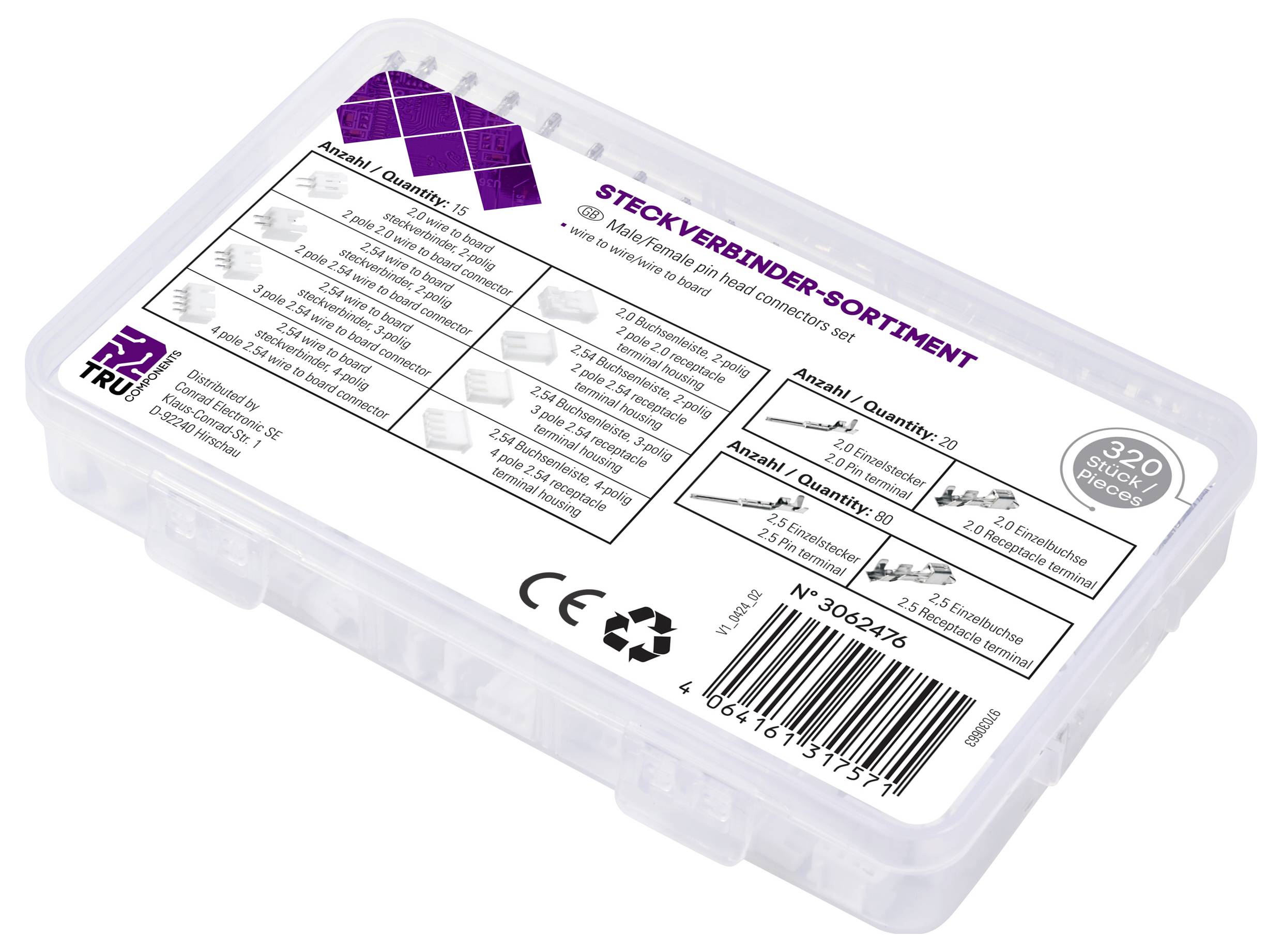 Steckverbinder-Sortiment in Plastikbox, enthält verschiedene Mengen von Buchsen, Klemmen und Steckverbindungen.