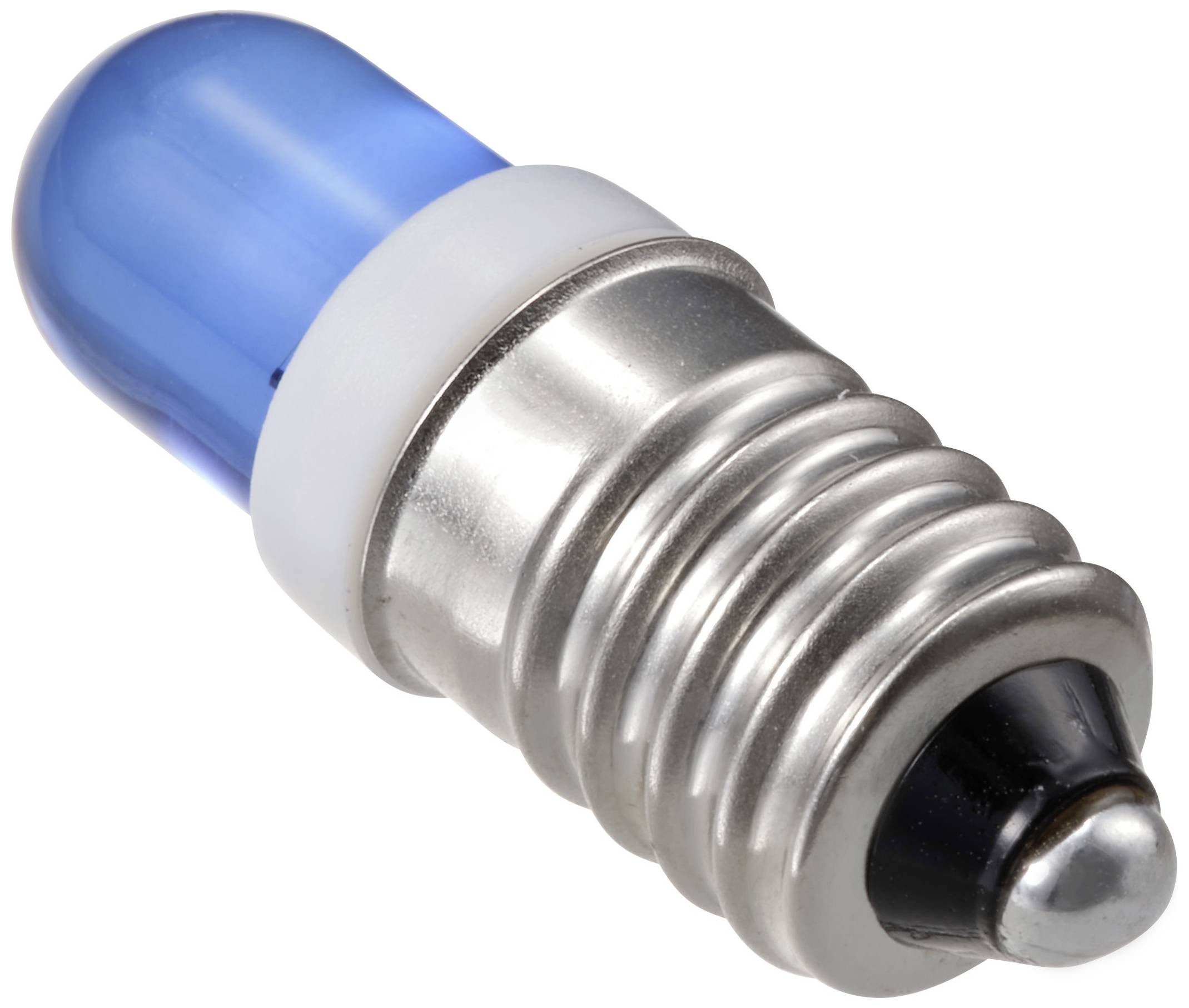 Eine blaue LED-Lampe mit metallenem Gewinde, isoliert auf weißem Hintergrund.