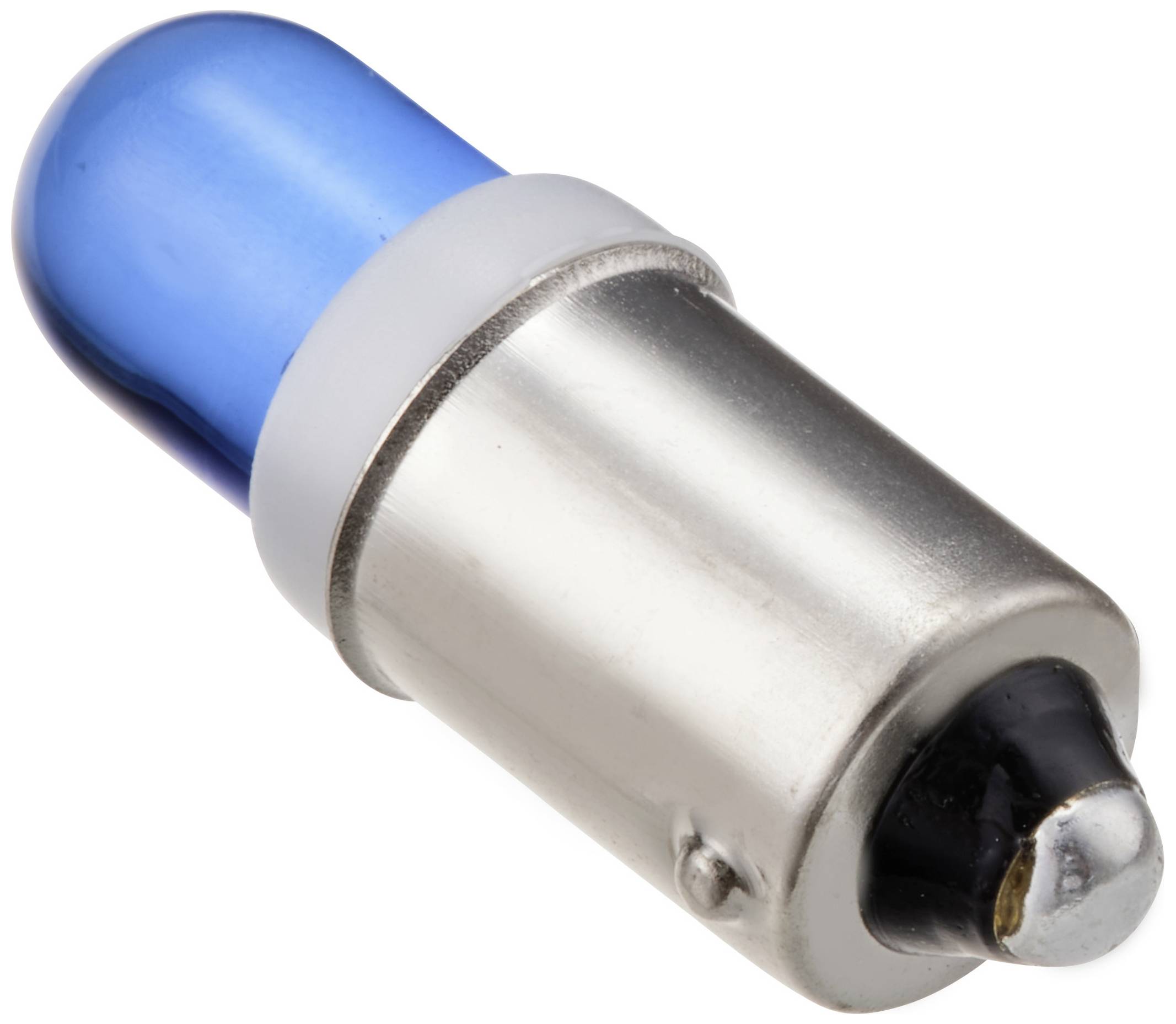 Eine blaue Glühbirne mit Metallgehäuse und Bajonettsockel, die für kleine Leuchten oder als Signallampe verwendet wird.