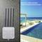 Ein Outdoor-WLAN-Repeater mit vier Antennen ist neben einem luxuriösen Poolbereich am Meer installiert. Text im Bild: 'WN573HX1-A WIFI 6 AX1800M Outdoor AP/Repeater/Mesh Extender'.