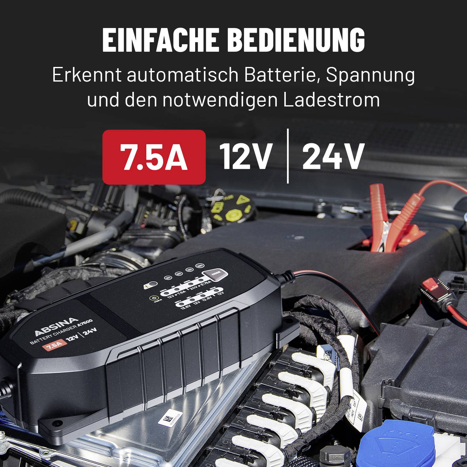 Ladegerät auf Autobatterie mit Text 'Einfache Bedienung', erkennt und lädt automatisch. Anzeige: 7.5A, 12V, 24V.