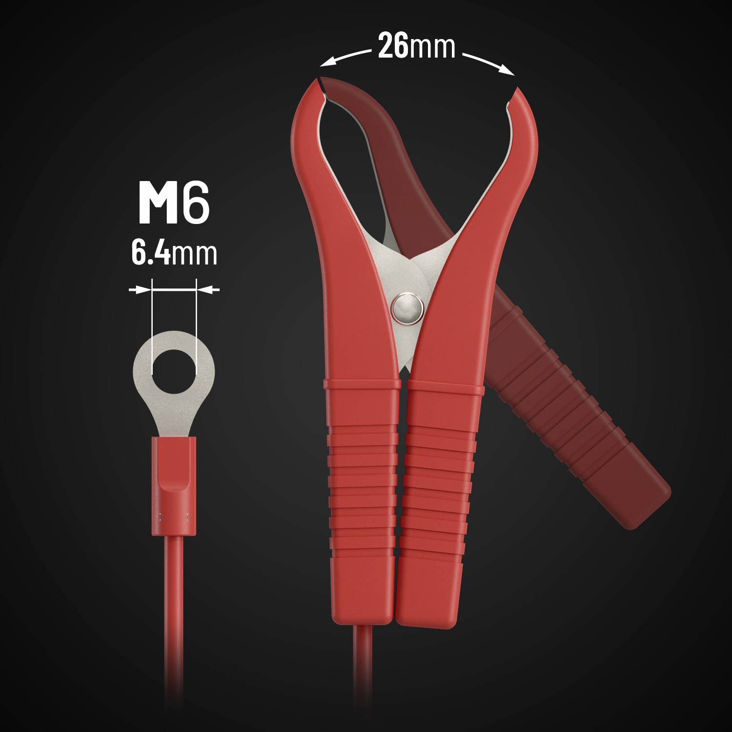 'Rote Batterieklemme mit Maßen: 26 mm Breite. Details zu Ringkabelschuh: M6, 6,4 mm Durchmesser. Klemmen- und Kabeldurchmesser gezeigt.'
