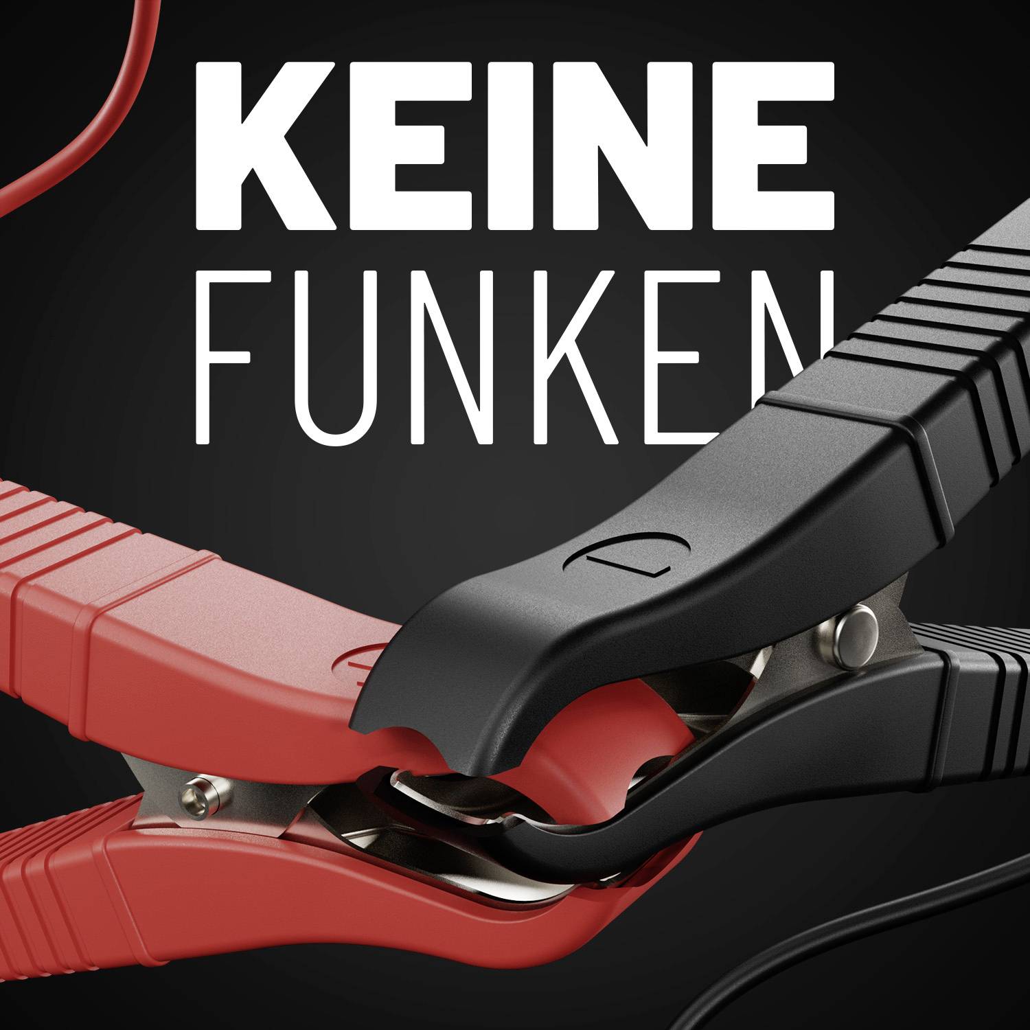 Rote und schwarze Klemmen im Vordergrund, darüber Text 'KEINE FUNKEN' auf schwarzem Hintergrund.