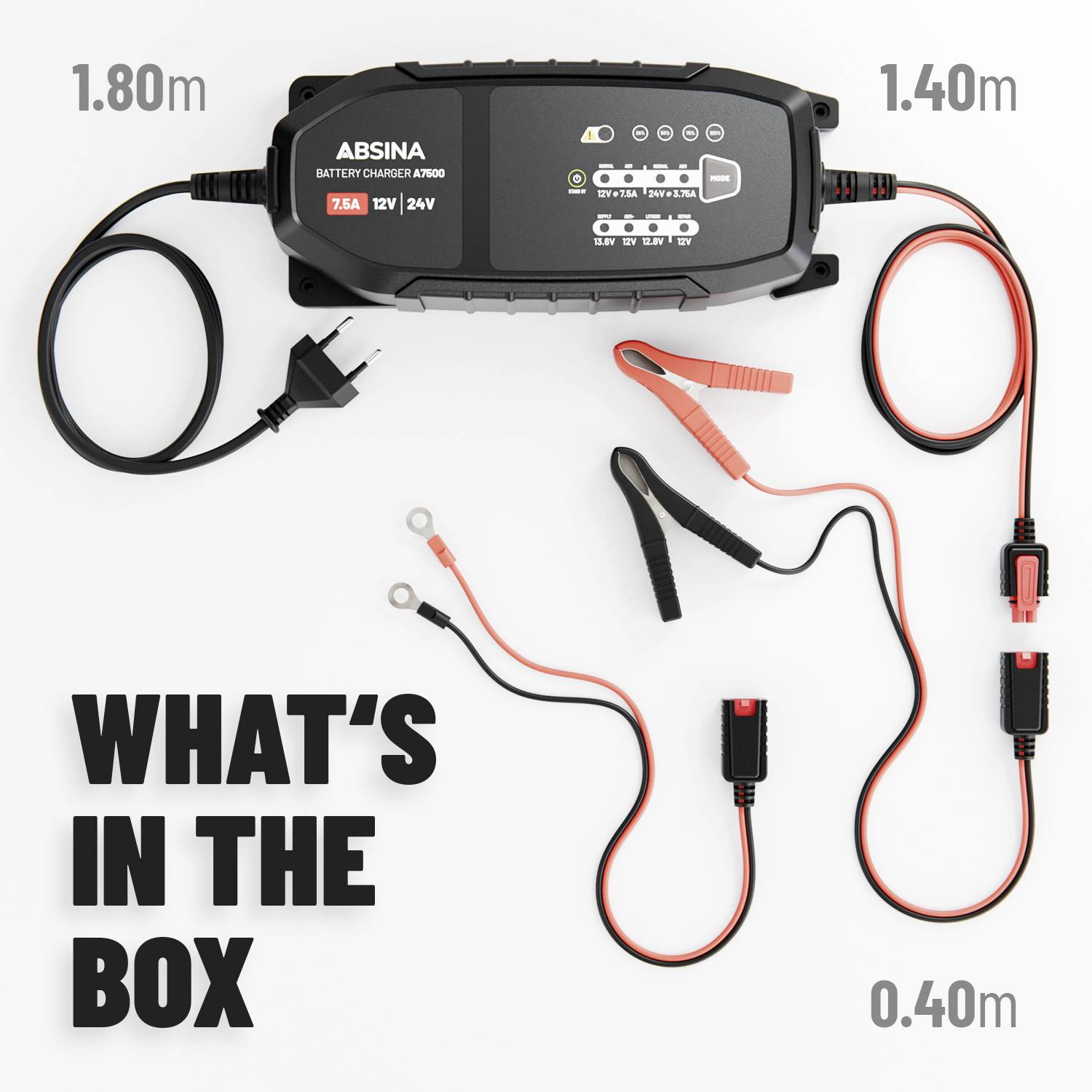 Ein Batterieladegerät mit Kabeln und Klemmen liegt auf weißem Hintergrund. Text 'What's in the box' zeigt den Lieferumfang.