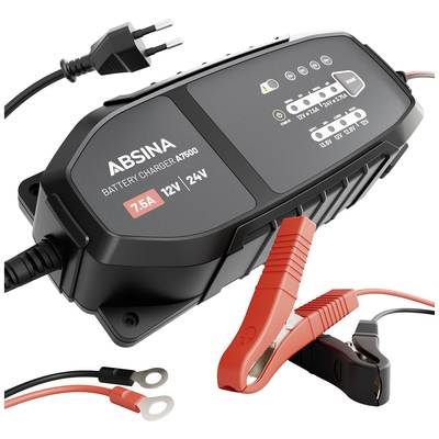 Ein schwarzes Batterieladegerät mit LED-Anzeige, Klemmen und Kabeln, geeignet für 7,5A, 12V und 24V Batterien. Markenname 'ABSINA'.