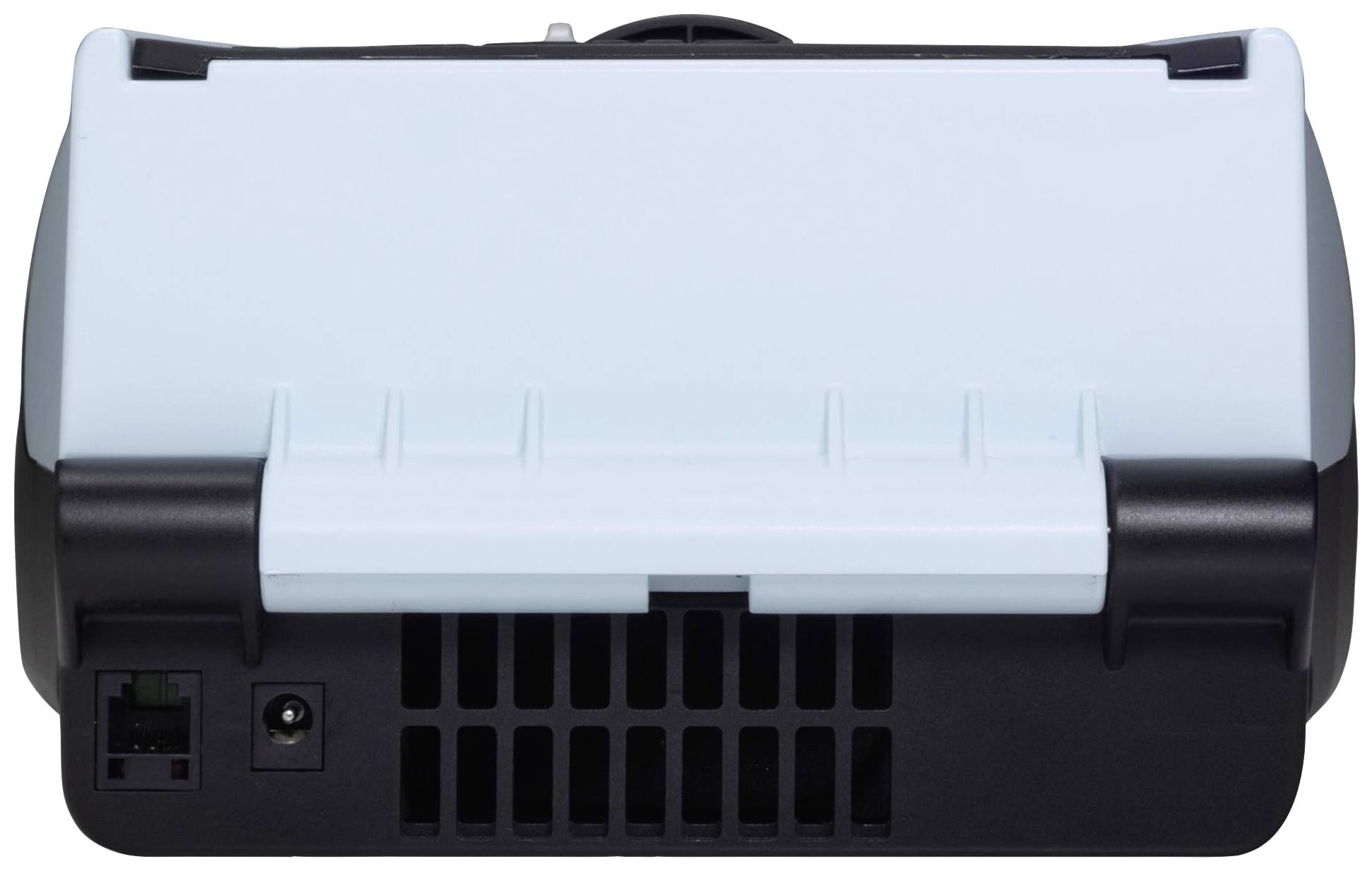 Ein Rückansicht-Bild eines elektronischen Geräts, möglicherweise ein Drucker oder Scanner, mit Anschlüssen und Lüftungsschlitzen.