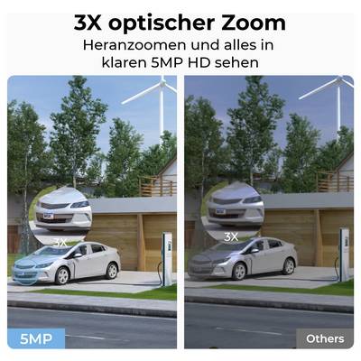 3-facher optischer Zoom: Heranzoomen und alles in klaren 5MP HD sehen.' Vergleich von Auto-Details bei 3-fachem Zoom; linke Ansicht klarer.