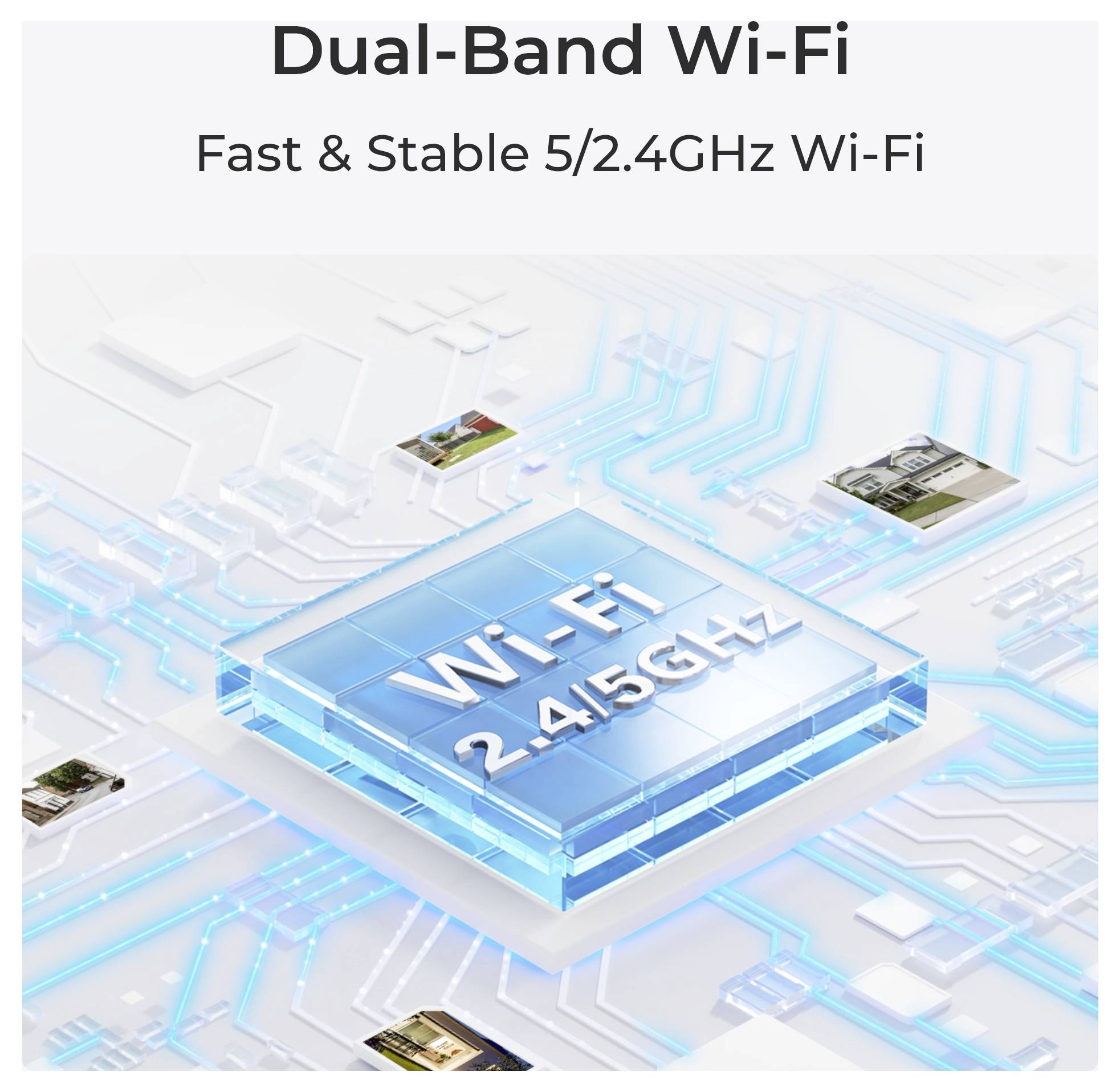 Dual-Band-WLAN: Schnelles & Stabiles 5/2,4-GHz-WLAN verdeutlicht einen 2,4/5-GHz-WLAN-Chip auf einer Schaltung und unterstreicht Konnektivität und Leistung.