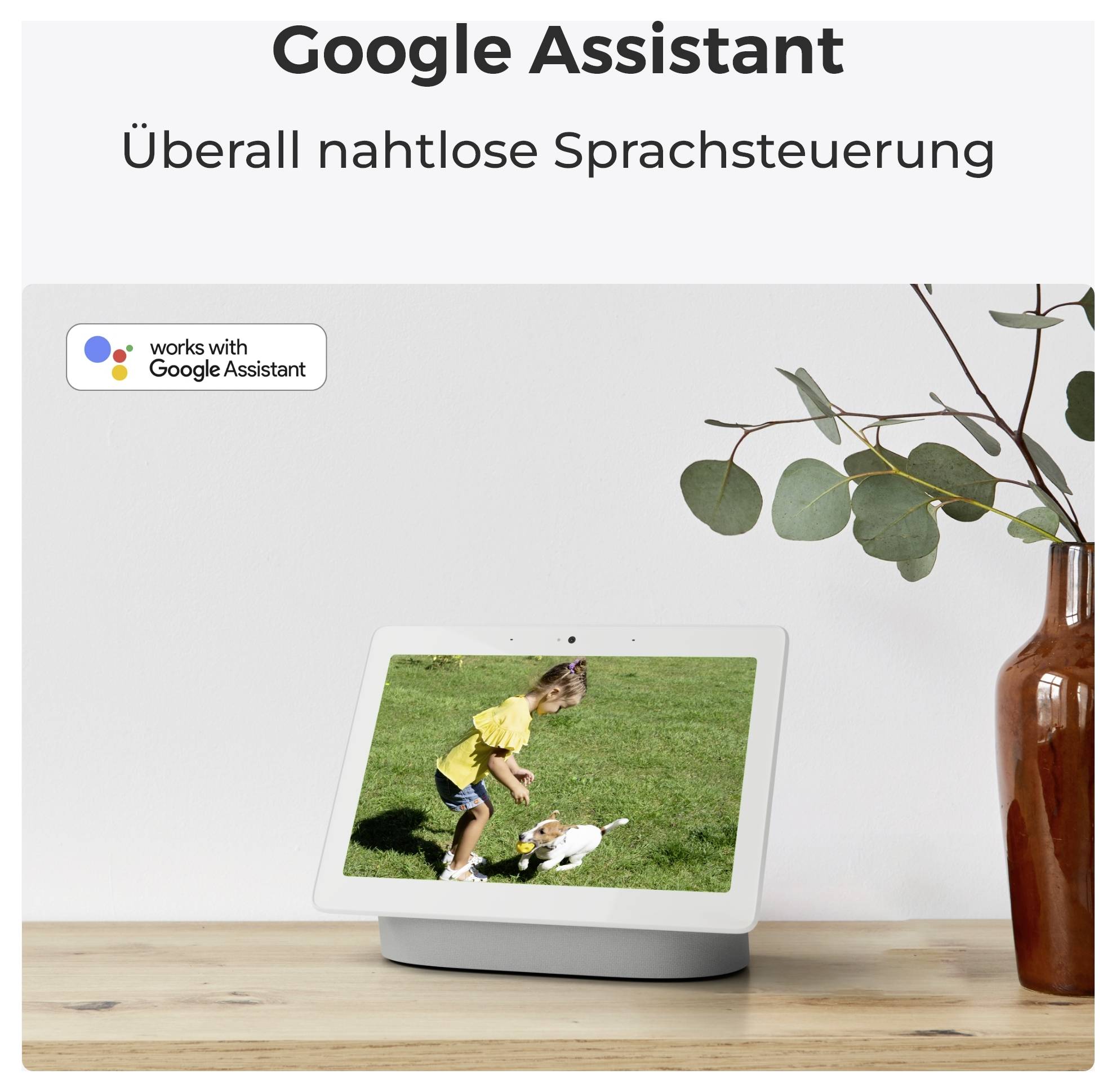 Ein intelligentes Display mit Google Assistant zeigt ein Kind, das mit einem Hund auf Gras spielt. Text sagt: 'Überall nahtlose Sprachsteuerung'.