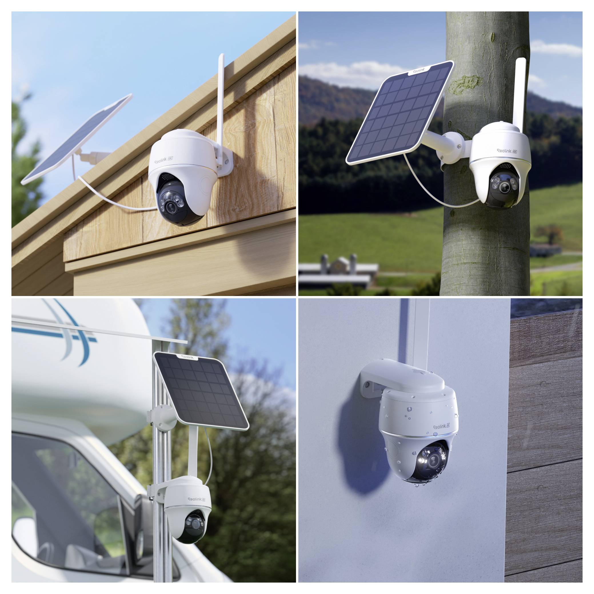 Vier Bilder, die solarbetriebene Sicherheitskameras auf verschiedenen Außenflächen zeigen: ein Dach, einen Mast, ein Fahrzeug und eine Wand.