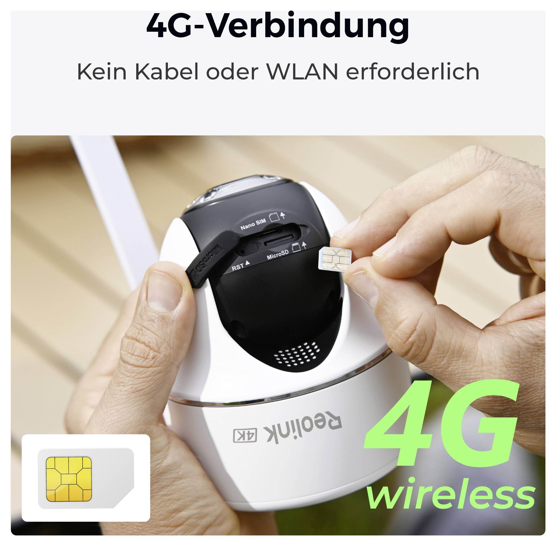 Eine Person schiebt eine SIM-Karte in eine Reolink 4G-Kamera, was ihre drahtlose 4G-Konnektivität ohne Kabel oder WLAN veranschaulicht.