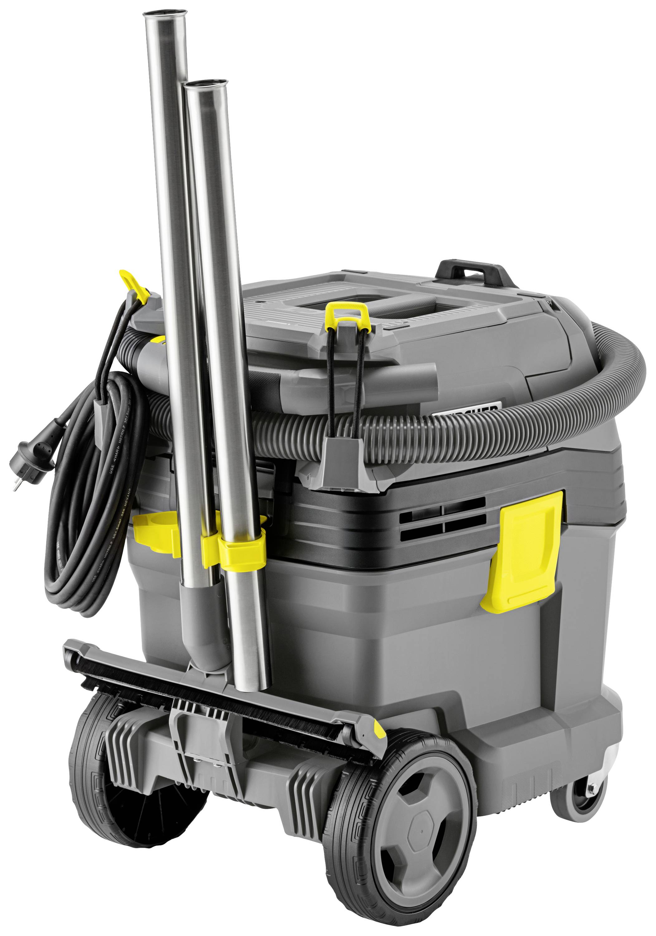 Industriesauger mit auffälliger gelber Klappe, Schlauch und Kabel; geeignet für Nass- und Trockensaugen, robustes Design.