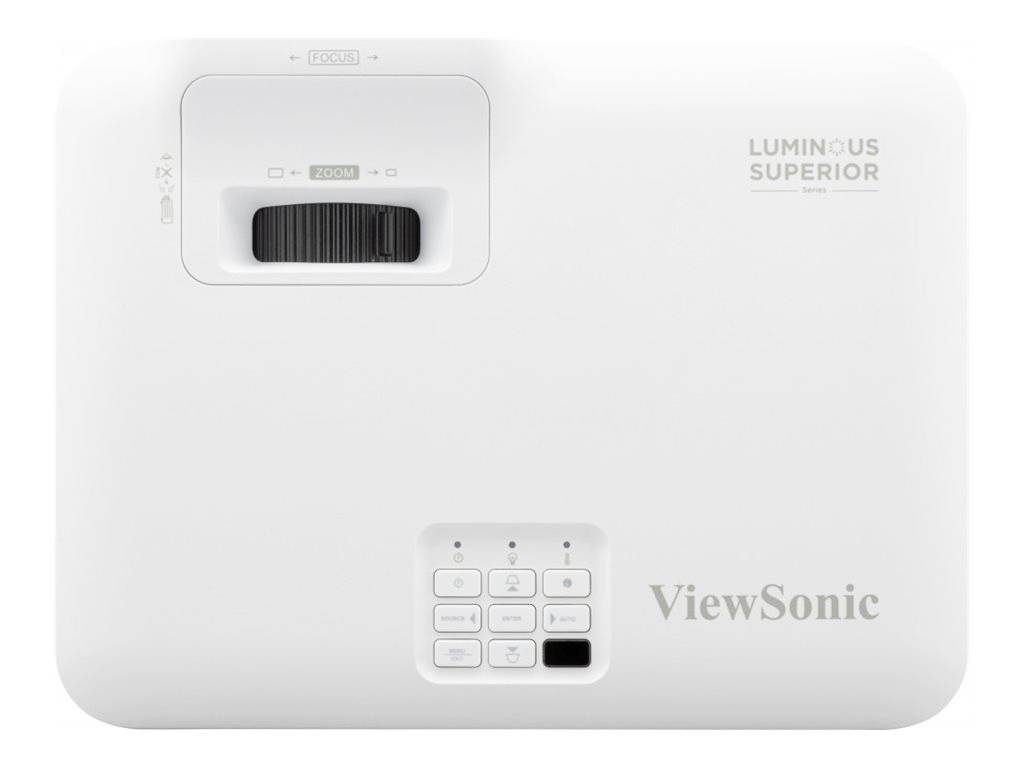 Ein weißer ViewSonic-Projektor mit Fokus- und Zoomregler oben, sowie Tastenfeld für Bedienung. Markiert mit 'LUMINOUS SUPERIOR'.