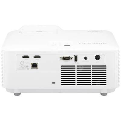 Projektor-Rückseite mit HDMI-, VGA-, USB- und LAN-Anschlüssen. Ventilationsschlitze rechts. Weißes Gehäuse mit klarer Anschlusskennzeichnung.