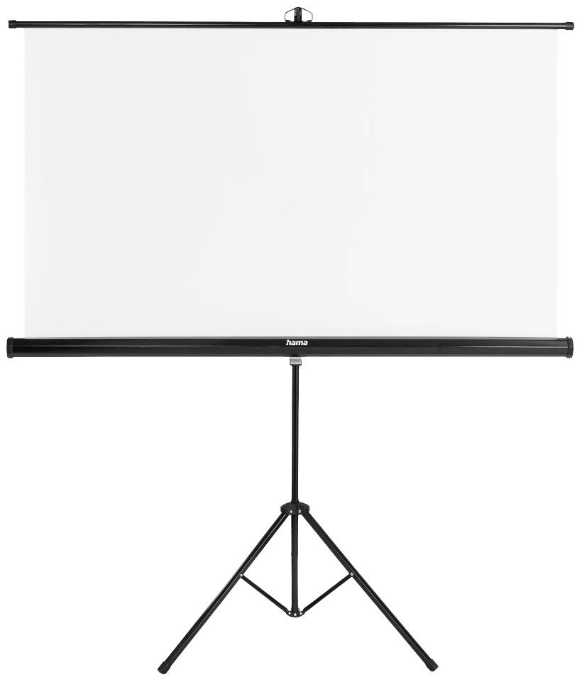 Leinwand mit Stativ aufgestellt; einsatzbereit zur Projektion. Perfekt für Präsentationen in Konferenzräumen oder Klassenzimmern.