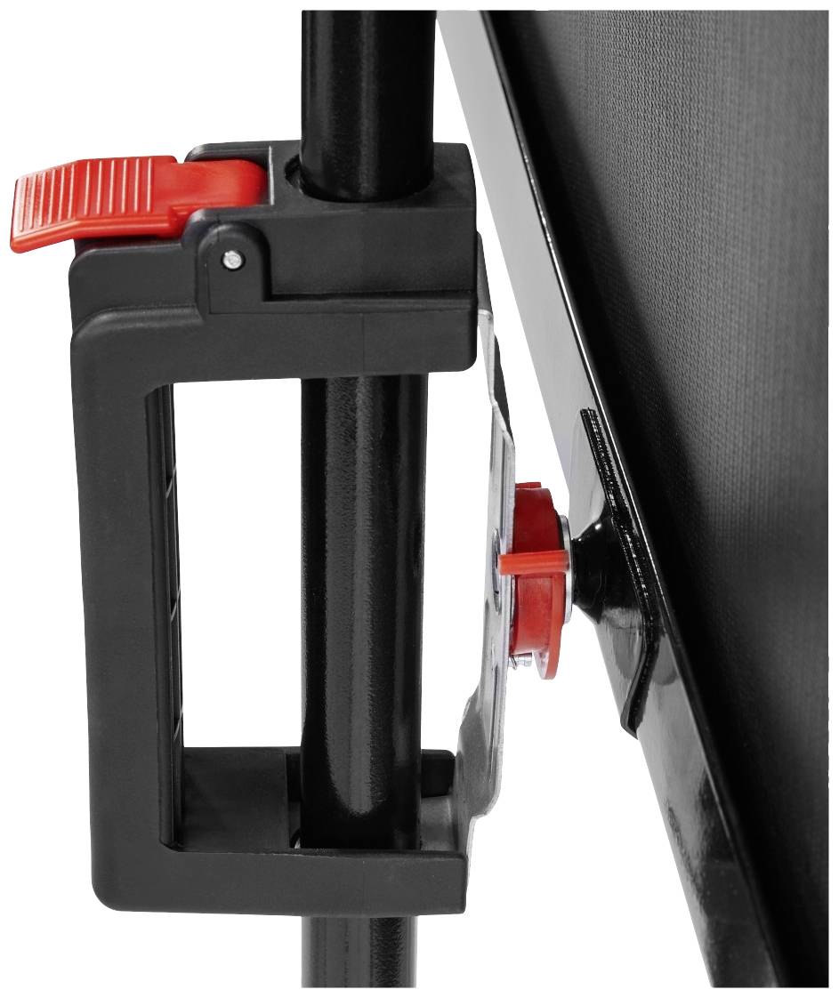 Schwarzer Ständer mit rotem Hebel und Knopf, befestigt an einer Tafel. Der Hebel dient zur Einstellung oder Begradigung der Tafel.