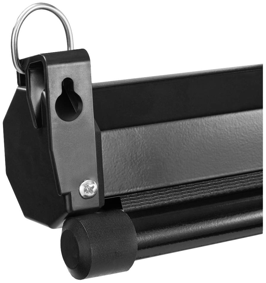 Schwarze Projektorleinwand mit Metallhalterung und Aufhängung.