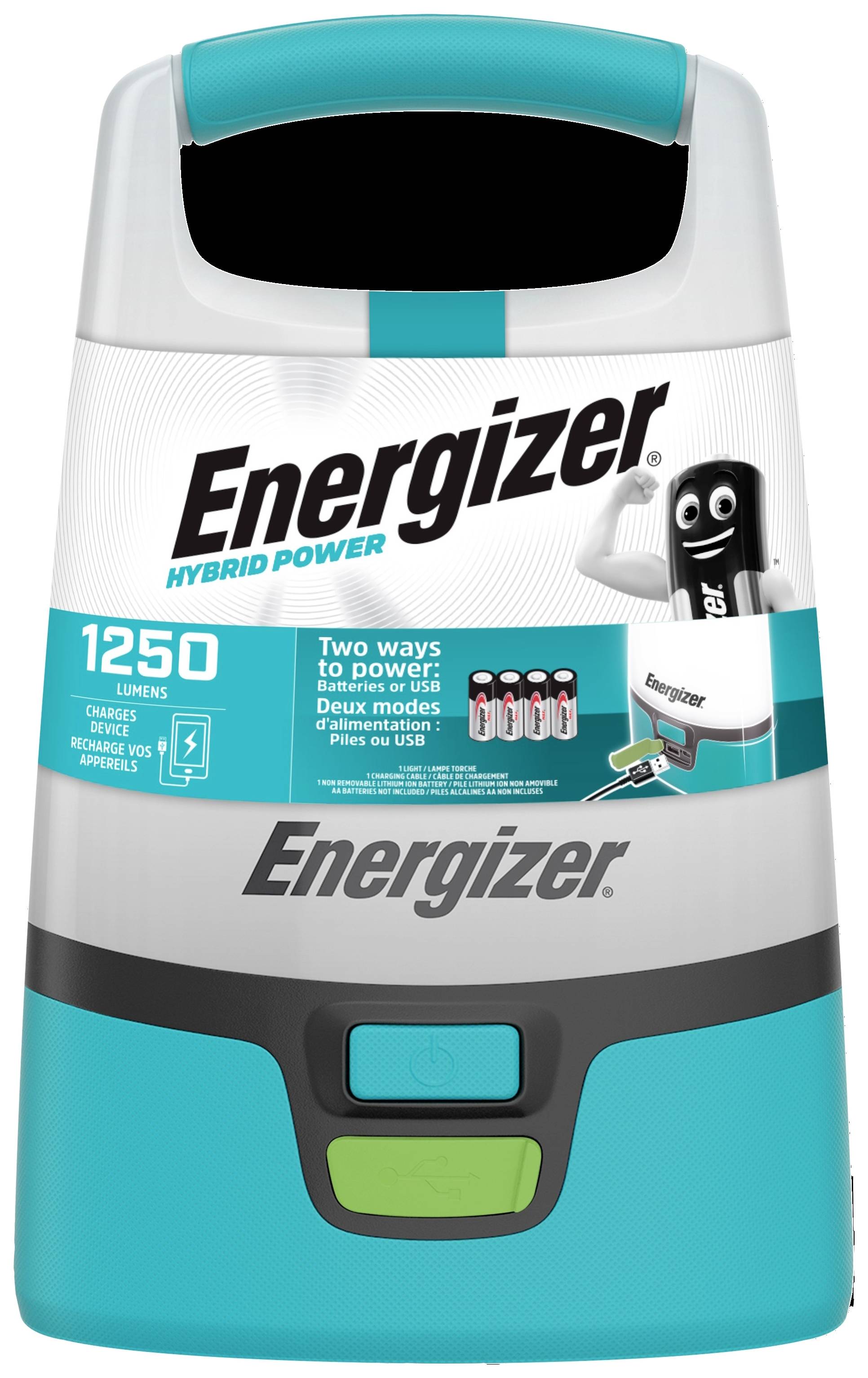 Energiespeichergerät von Energizer, 'Hybrid Power', mit 1250 Lumen Helligkeit. Zeigt zwei Ladeoptionen und eine Batteriefigur.