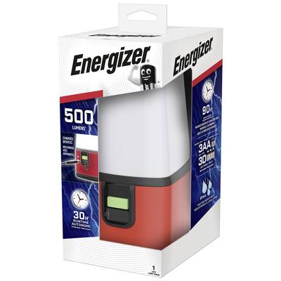 Energizer Laterne mit 500 Lumen, rot-weißer Körper, aufladbar, Laufzeit bis zu 30 Stunden, benötigt 3 AA-Batterien, auf Verpackung dargestellt.