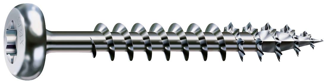 Metallschraube mit flachem Kopf und scharfem Gewinde, geeignet für Verbindung von Metallteilen.