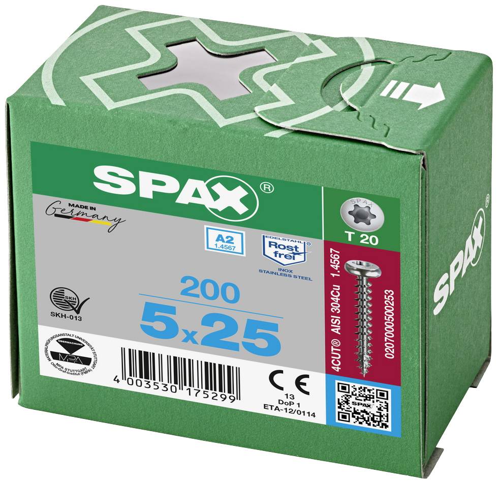 Grüne Verpackung mit 200 Schrauben: 5x25 mm, Torx T20, rostfrei, deutsche Herstellung.