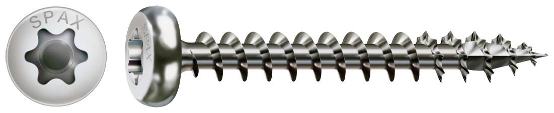 Metallschraube mit halbrundem Kopf und sternförmigem Antrieb, seitliche Ansicht zeigt detailliertes Gewinde.