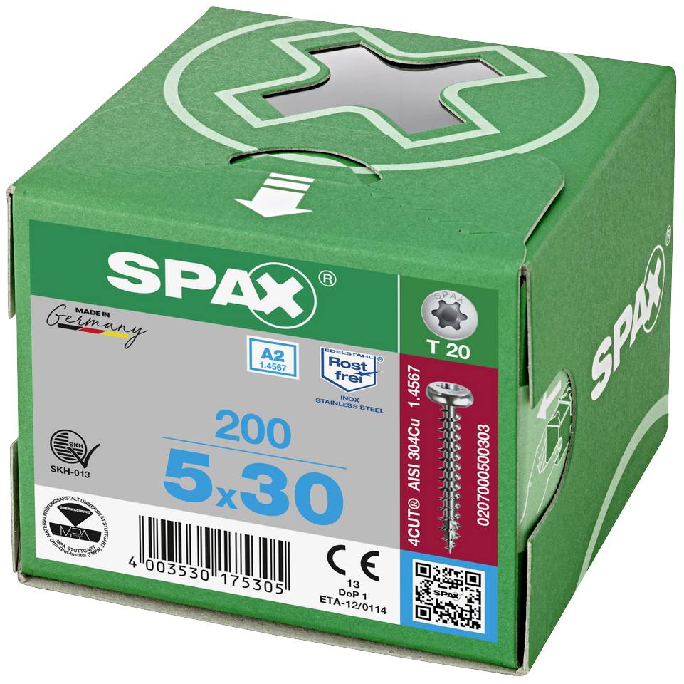 Grüne Schachtel mit der Aufschrift 'SPAX', enthält 200 Schrauben der Größe 5x30 mm, rostfrei, hergestellt in Deutschland.