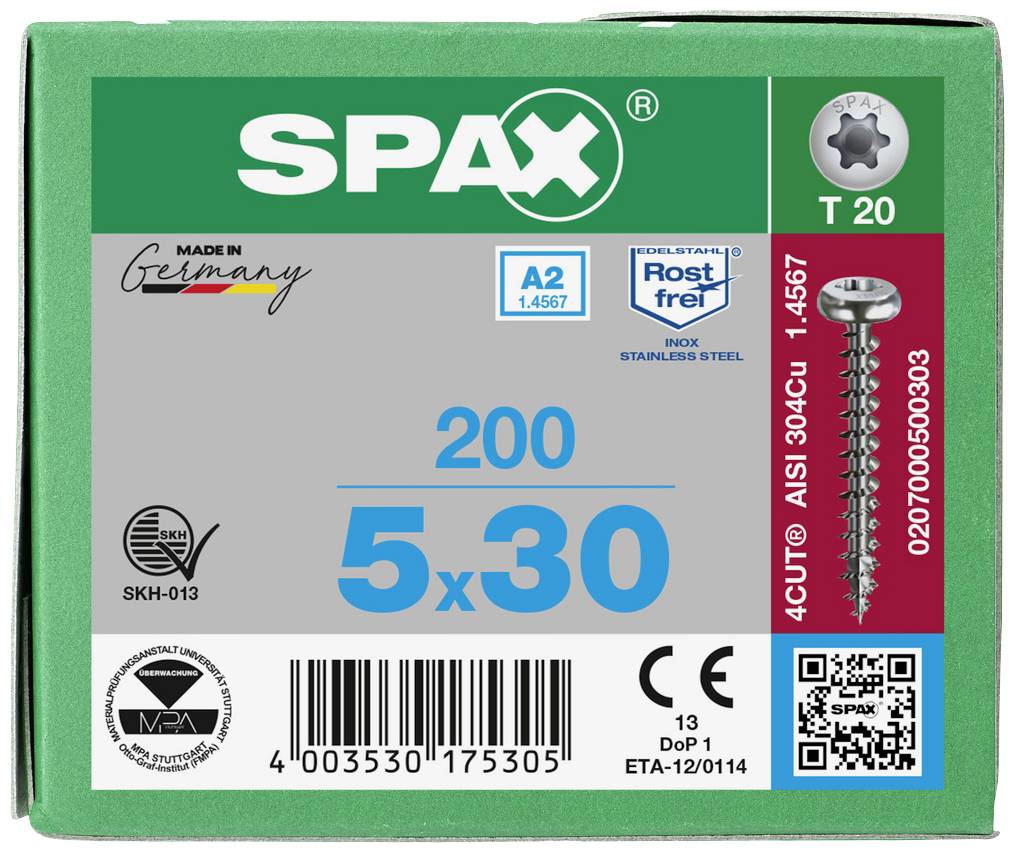 Eine Schachtel mit 200 SPAX-Schrauben, Größe 5x30 mm, aus Edelstahl A2, korrosionsbeständig, mit T20-Antrieb und EAN-Code.