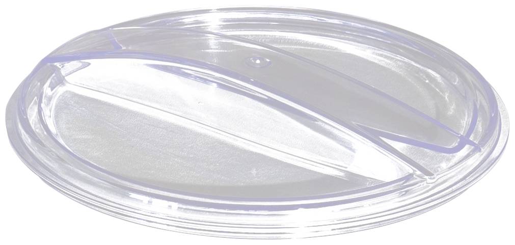 Transparenter Plastikdeckel mit ovalem Ausschnitt und geriffeltem Rand, möglicherweise für einen Getränkebecher entworfen.