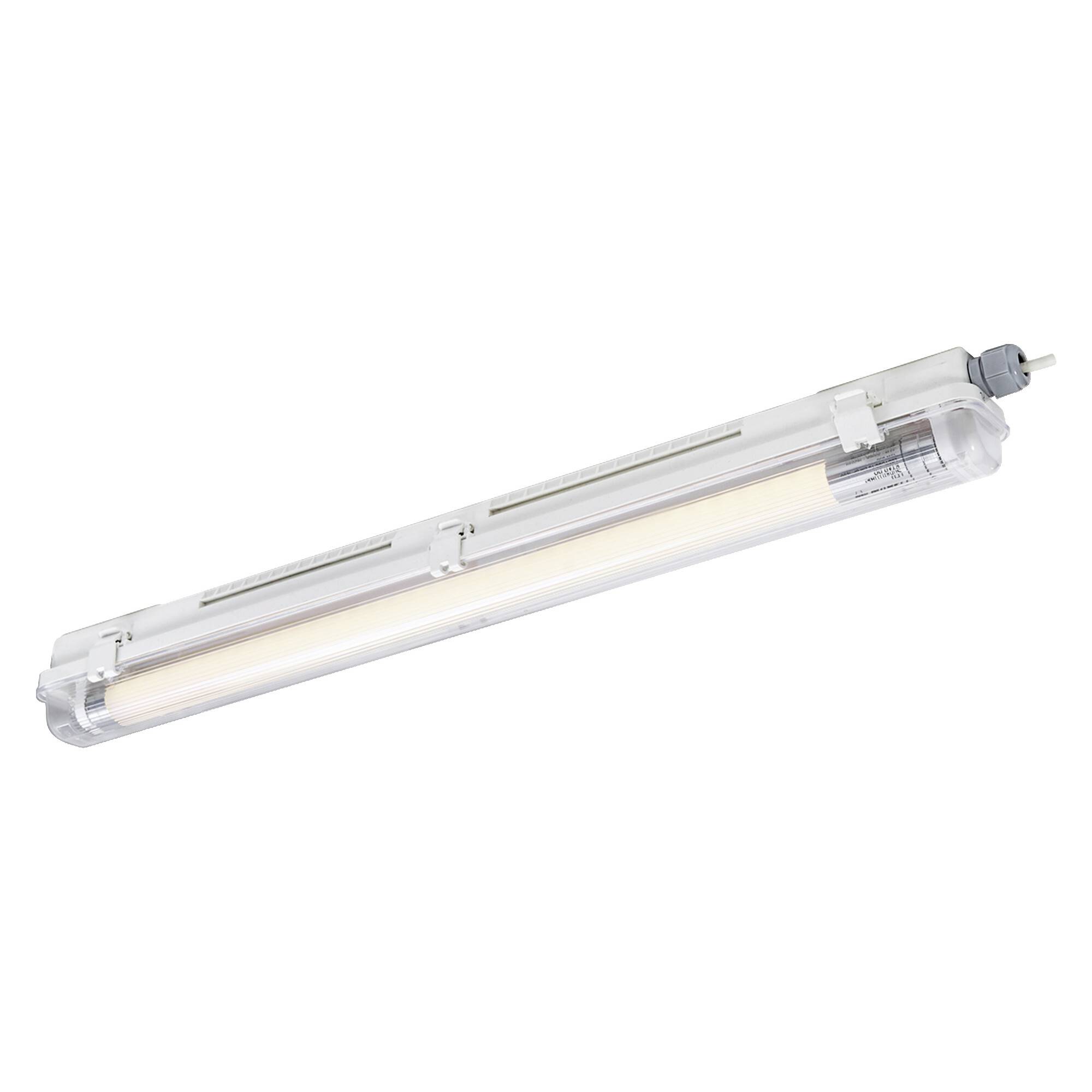 Eine lange, rechteckige LED-Leuchte mit transparentem Gehäuse und weißem Licht, geeignet für industrielle oder gewerbliche Nutzung.