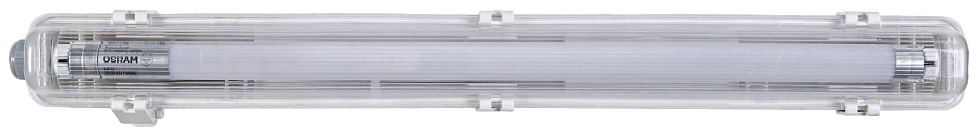 Eine zylindrische Leuchtstofflampe in einem transparenten Schutzgehäuse. Geeignet für den Gebrauch in industriellen Umgebungen.