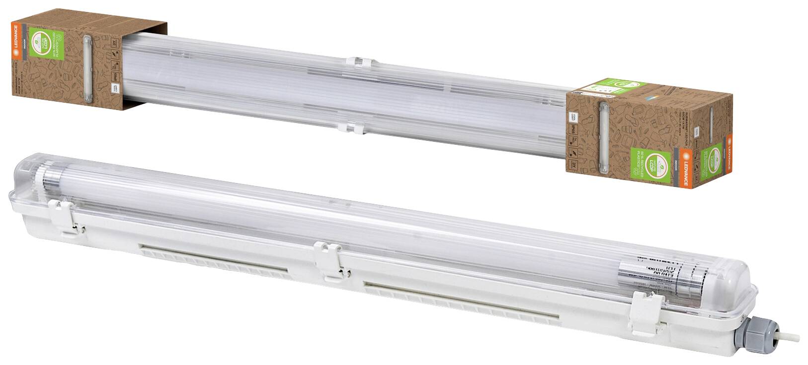 Eine LED-Röhrenleuchte in Verpackung und ausgepackt. Sie ist länglich und in einem durchsichtigen Gehäuse montiert. Geeignet für Großhandelsbeleuchtung.